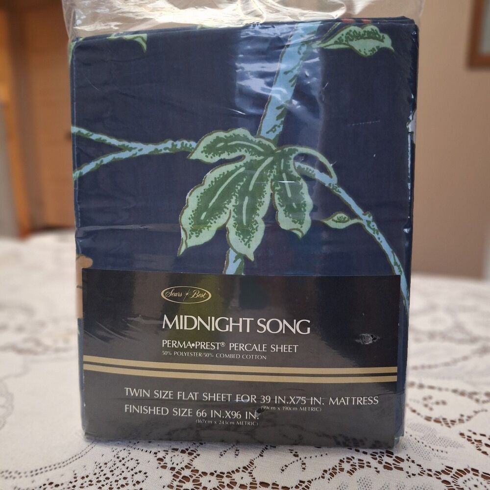 Sears BEST  70s VTG  NEW Midnight Song Blue Floral Twin  Percale Sheet Set open